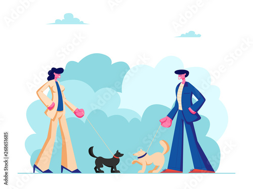 Male and Female Characters Walking with Dogs in Public City Park. People Spending Time with Pets Outdoors on Summer Time. Relax, Leisure, Communication with Animals. Cartoon Flat Vector Illustration
