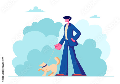 Man Walking with Dog Outdoors on Summertime