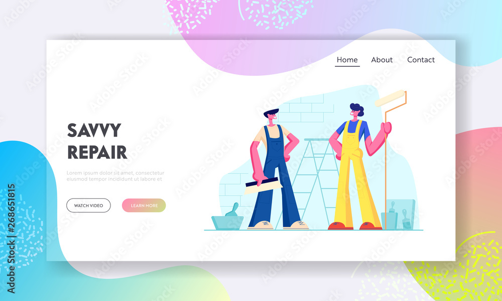Professional Construction Workers in Uniform with Tools and Equipment for Home Repair. Masters Improvement Service Characters Website Landing Page, Web Page. Cartoon Flat Vector Illustration, Banner