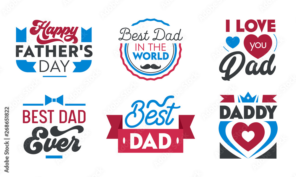 Happy Fathers Day Set of Emblems, Labels, Icons and Signs with Typography for Greeting Cards, Banners, T-shirt or Logo Design. Best Dad in World. Elements for Social Media or Print Vector Illustration