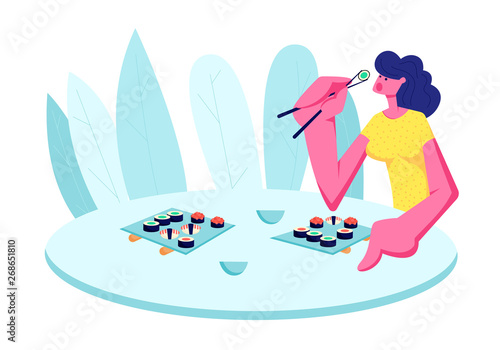 Girl Eating Sushi in Restaurant