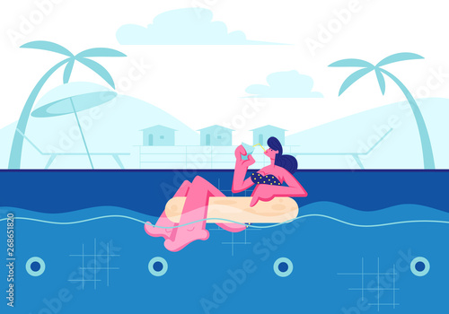 Summertime Leisure  Vacation. Young Happy Woman Relaxing on Resort  Floating at Inflatable Ring in Swimming Pool and Drinking Cocktail. Tropical Vacation Sparetime. Cartoon Flat Vector Illustration