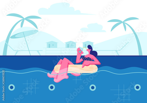 Summertime Leisure, Vacation. Young Happy Woman Relaxing on Resort, Floating at Inflatable Ring in Swimming Pool and Drinking Cocktail. Tropical Vacation Sparetime. Cartoon Flat Vector Illustration