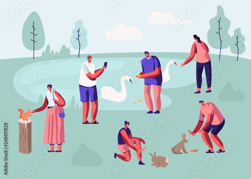 People Spending Time in Animal Park. Male and Female Characters Leisure in Outdoors Zoo Communicating with Wild Animals, Feeding, Playing, Taking Pictures, Sparetime. Cartoon Flat Vector Illustration