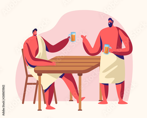 Men Sitting in Steam Room Drinking Bear