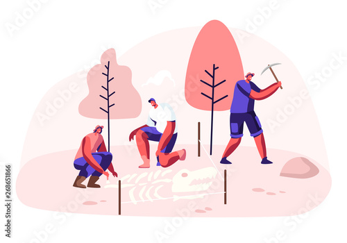 Archeologists, Paleontology Scientists Working on Excavations or Digging Soil Layers Exploring Ancient Artifacts. People Studying Dinosaurs Fossil Skeleton Bones. Cartoon Flat Vector Illustration