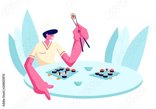 Young Happy Man Eating Sushi in Restaurant. Male Character Holding Chopsticks Sitting at Table with Japanese Food. Weekend Leisure, Relaxing, Meal, Rest, Sparetime. Cartoon Flat Vector Illustration