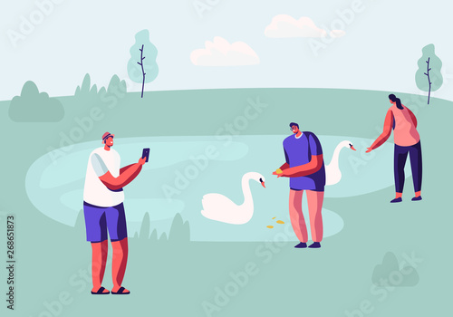 People Spending Time in Animal Park with Lake. Male and Female Characters Having Outdoors Leisure in Open Air Zoo Feeding Swans, Taking Landscape Pictures, Sparetime. Cartoon Flat Vector Illustration © Sergii Pavlovskyi