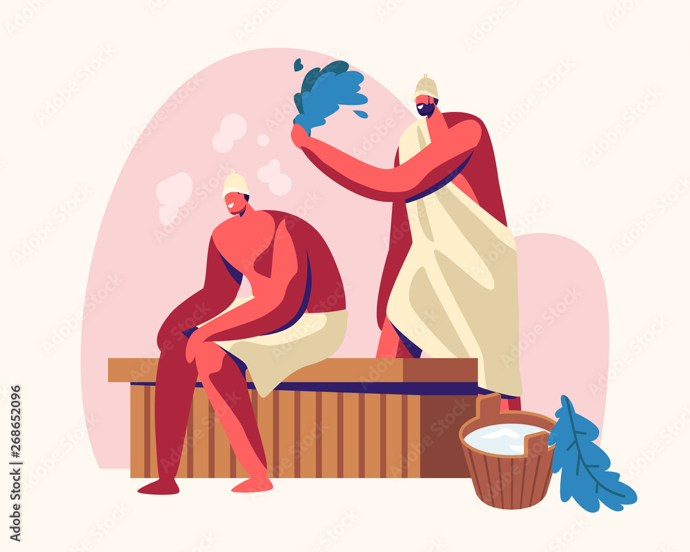 Sauna Spa Water Procedure. Relaxation, Body Care Therapy, Couple of Men  Sitting on Wooden Bench in Steam Room in Bath Beating Each Other with  Broom, Wellness, Hygiene, Cartoon Flat Vector Illustration Stock