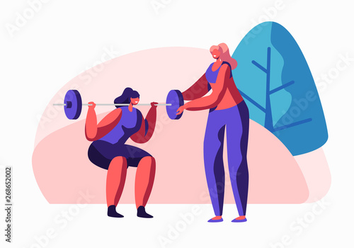 Woman Squatting with Weight in Gym, Female Coach Character Helping in Training. Girl in Sportswear Workout, Prepare for Competition, Exercise, Sport Activity Lifestyle Cartoon Flat Vector Illustration
