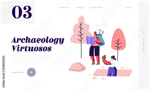 Archeology Scientists Working on Excavations Learning Map, Taking Ancient Artifacts from Underground. Studying Ancient History Website Landing Page, Web Page. Cartoon Flat Vector Illustration, Banner