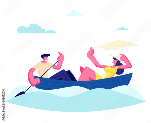 Young Happy Couple of Man and Woman Floating Boat at Water Surface. Male Character Rowing with Paddle, Girl Holding Shawl. Summertime Vacation, Loving People Sparetime Cartoon Flat Vector Illustration