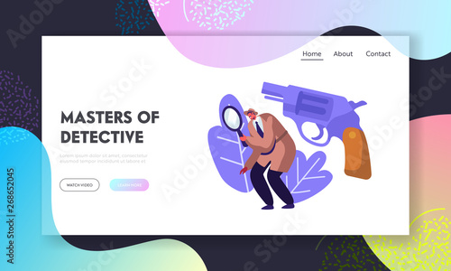 Top Secret Undercover Agent in Hat and Cloak Investigating Crime with Magnifier Glass and Gun. Detective Service, Policeman Website Landing Page, Web Page. Cartoon Flat Vector Illustration, Banner