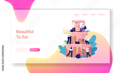 People in Chef Uniform and Cap Decorate Festive Cake with Cream and Berries. Teamwork, Bakery, Dessert for Birthday or Wedding. Website Landing Page, Web Page. Cartoon Flat Vector Illustration, Banner