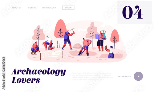 Archeologists, Paleontology Scientists Working on Excavations Exploring Artifacts and Studying Dinosaurs Fossil Skeleton Bones. Website Landing Page, Web Page. Cartoon Flat Vector Illustration, Banner