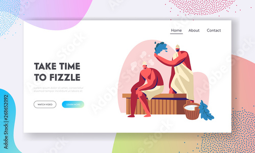 Couple of Men Sitting on Wooden Bench in Steam Room in Bath Beating Each Other with Broom, Sauna Spa Water Procedure Relaxation Website Landing Page, Web Page. Cartoon Flat Vector Illustration, Banner