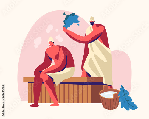 Sauna Spa Water Procedure. Relaxation, Body Care Therapy, Couple of Men Sitting on Wooden Bench in Steam Room in Bath Beating Each Other with Broom, Wellness, Hygiene, Cartoon Flat Vector Illustration