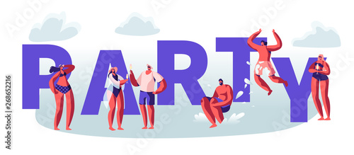 Summertime Beach Party Concept. Male, Female Characters Having Leisure, Relaxing on Seaside in Swimming Suits, Drinking, Jump to Water Poster, Banner, Flyer, Brochure. Cartoon Flat Vector Illustration