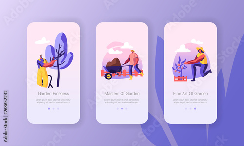 Characters Growing, Planting, Caring of Trees in Garden Concept for Website or Web Page, Gardening People Carry Soil, Cut Branches. Mobile App Page Onboard Screen Set Cartoon Flat Vector Illustration