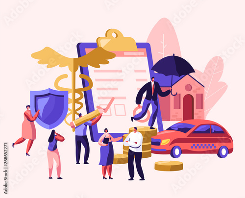 Property and Health Medical Insurance. Male and Female Characters Sign Insurance Policy Paper, Document for Having Guarantee and Money. Car, Home, Life Protection Cartoon Flat Vector Illustration
