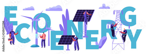 People at Wind Mill Turbines, Solar Panels. Sustainable Power Supply. Green Eco Alternative Clean Energy Concept, Ecology, Environment. Poster, Banner, Flyer, Brochure Cartoon Flat Vector Illustration