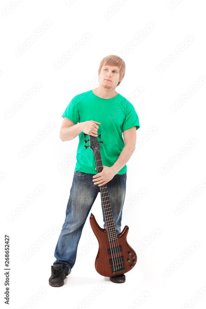 beautiful boy with the electric guitar.isolated on white beautiful boy with the electric guitar.isolated on white