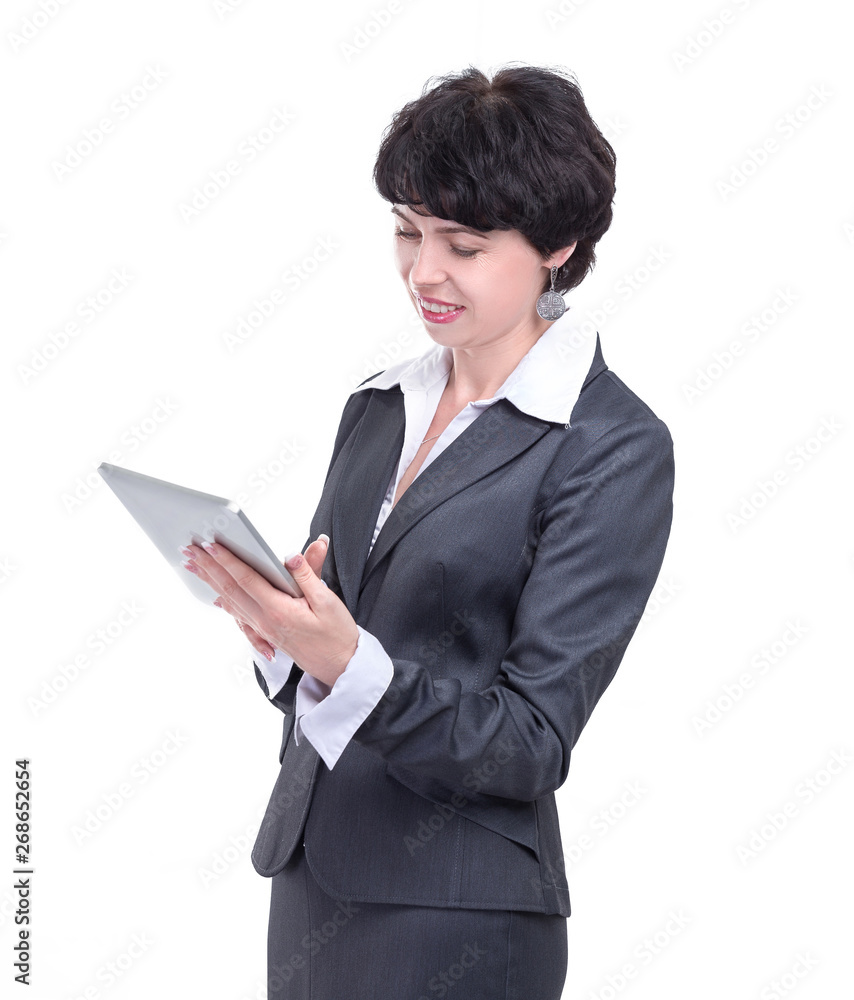 modern business woman reading text on a digital tablet modern business woman reading text on a digital tablet