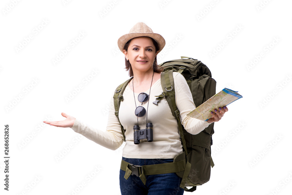Aged female tourist isolated on white Aged female tourist isolated on white