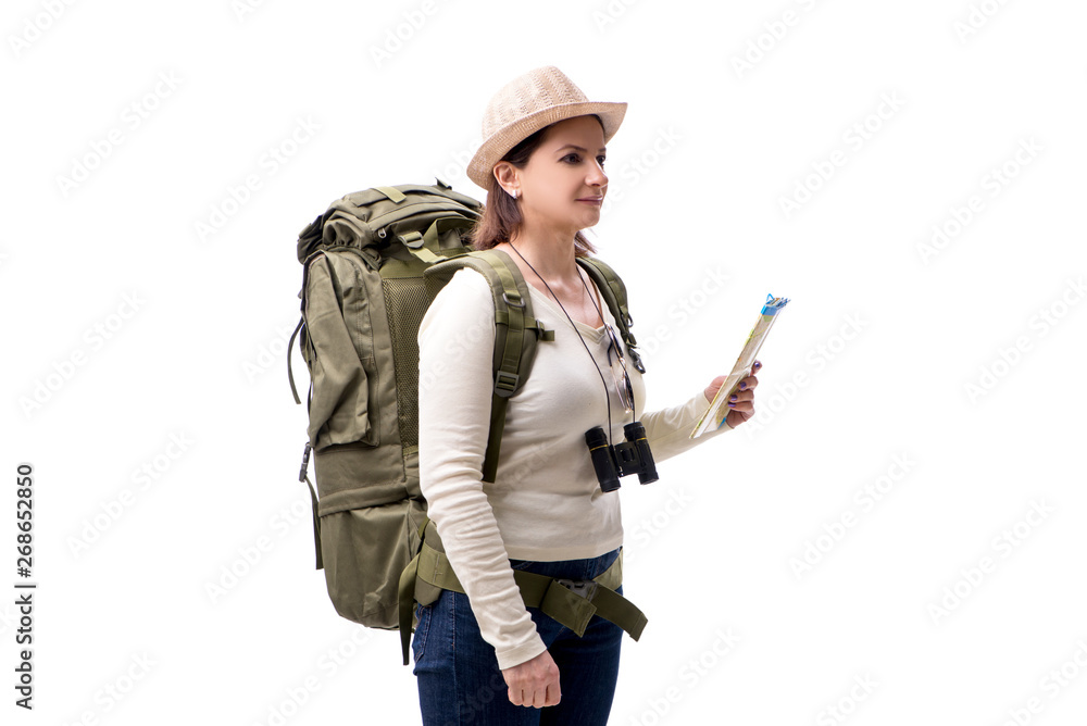 Aged female tourist isolated on white Aged female tourist isolated on white