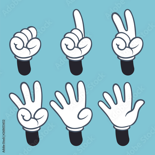 Hand numbers. Cartoon hands people in glove, sign language palm two three one four finger count, vector illustration
