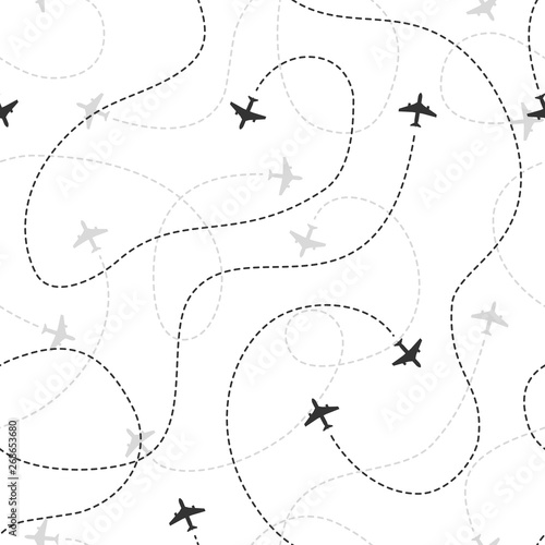 Airline routes seamless. Flight planes texture pattern travel airplane traffic line path planning aviation wallpaper vector background