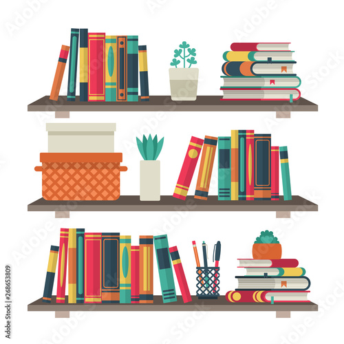 Flat bookshelves. Shelf book in room library, reading book office shelf wall interior study school bookcase vector background