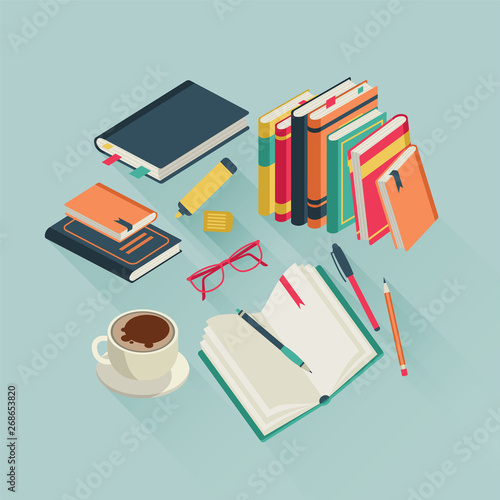 Flat books desktop. Open book reading text magazine study read student school literature, colorful vector illustration