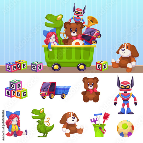 Kids toys box. Children toy container with playing blocks cars house and beer isolated vector cartoon set