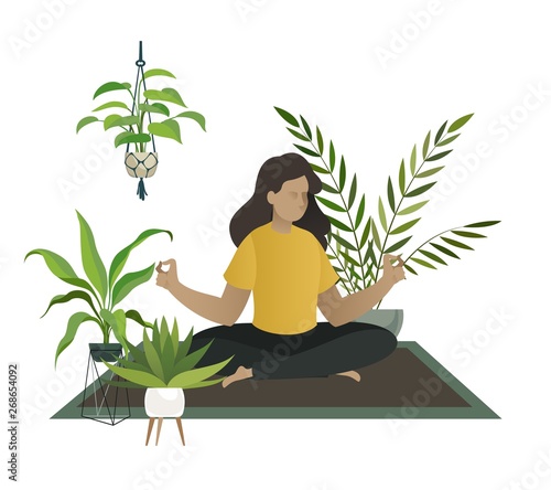 Yoga at home. Meditation of young woman or mom happy relax in home garden jungle room greenhouse vector concept