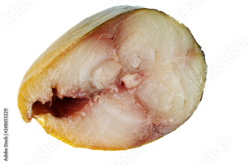 Piece of smoked atlantic mackerel (scombre) isolated on a white background photo