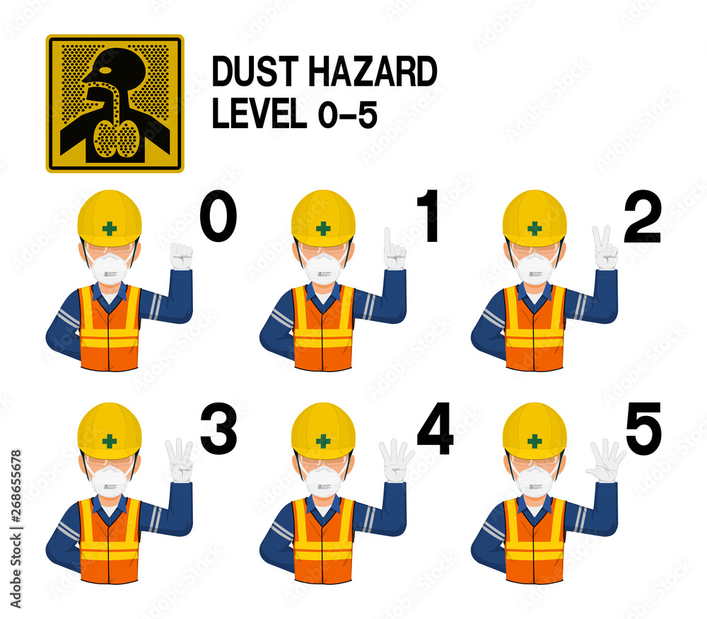 Set of industrial worker with dust mask is gesturing hand sign (0-5)