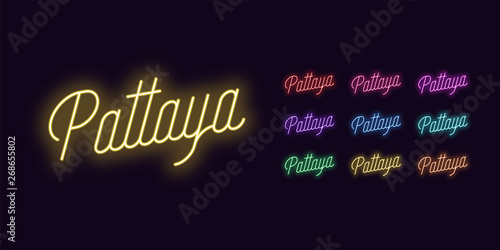 Neon lettering of Pattaya name. Neon glowing text