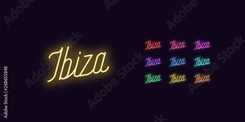 Neon lettering of Ibiza name. Neon glowing text