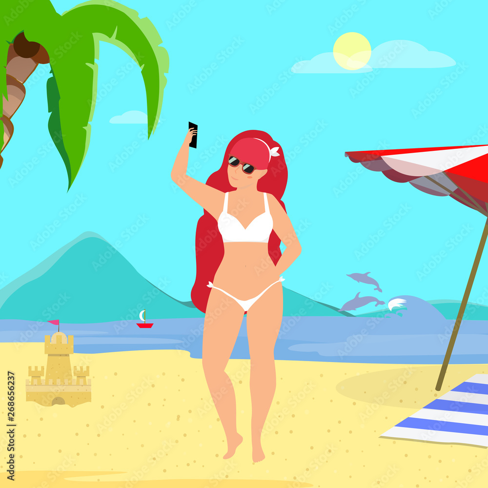 Young Ginger Woman Making Selfie on Sandy Beach. Young Ginger Woman Making Selfie on Sandy Beach.