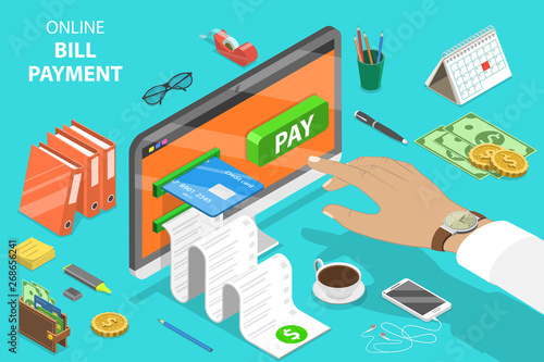 Flat isometric vector concept of bill payment, shopping, online banking, accounting, bank transaction.