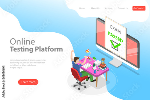 Isometric flat vector landing page template of passed online exam, questionnaire form, online education, survey, internet quiz.
