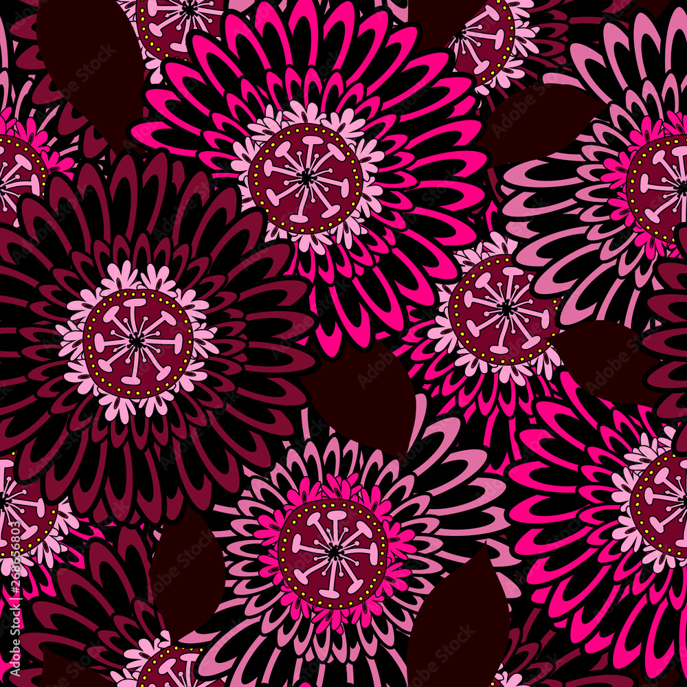 abstract flowers of pink and violet colors with dark red leaves