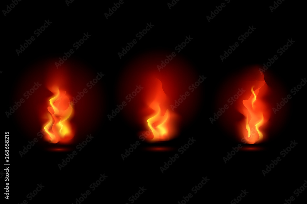 Fire flames isolated on black background. Vector illustration set. Fire flames isolated on black background. Vector illustration set.