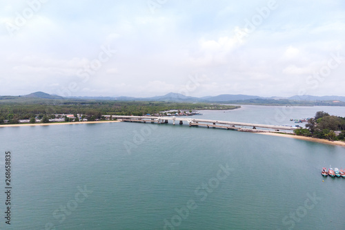 Scenic landscape of big river and reservoir dam with mountain and nature forest