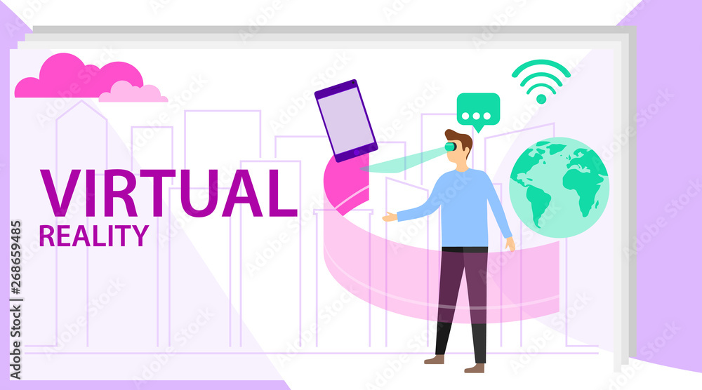 Man use vr technology concept. Vector illustration - man in virtual reality glasses. Into virtual reality world. Future