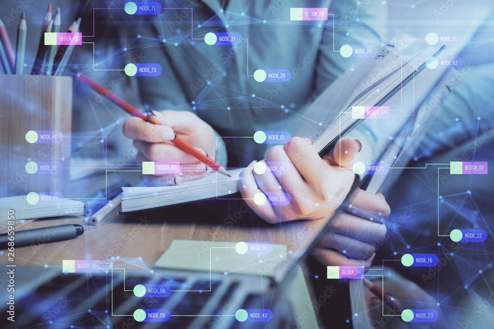 Double exposure of writing hand on background with data technology hologram. Big data concept. Double exposure of writing hand on background with data technology hologram. Big data concept.