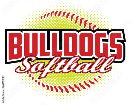 Bulldogs Softball Design is a bulldogs mascot design template that includes team text and a stylized softball graphic in the background. Great for team or school t-shirts, promotions and advertising.