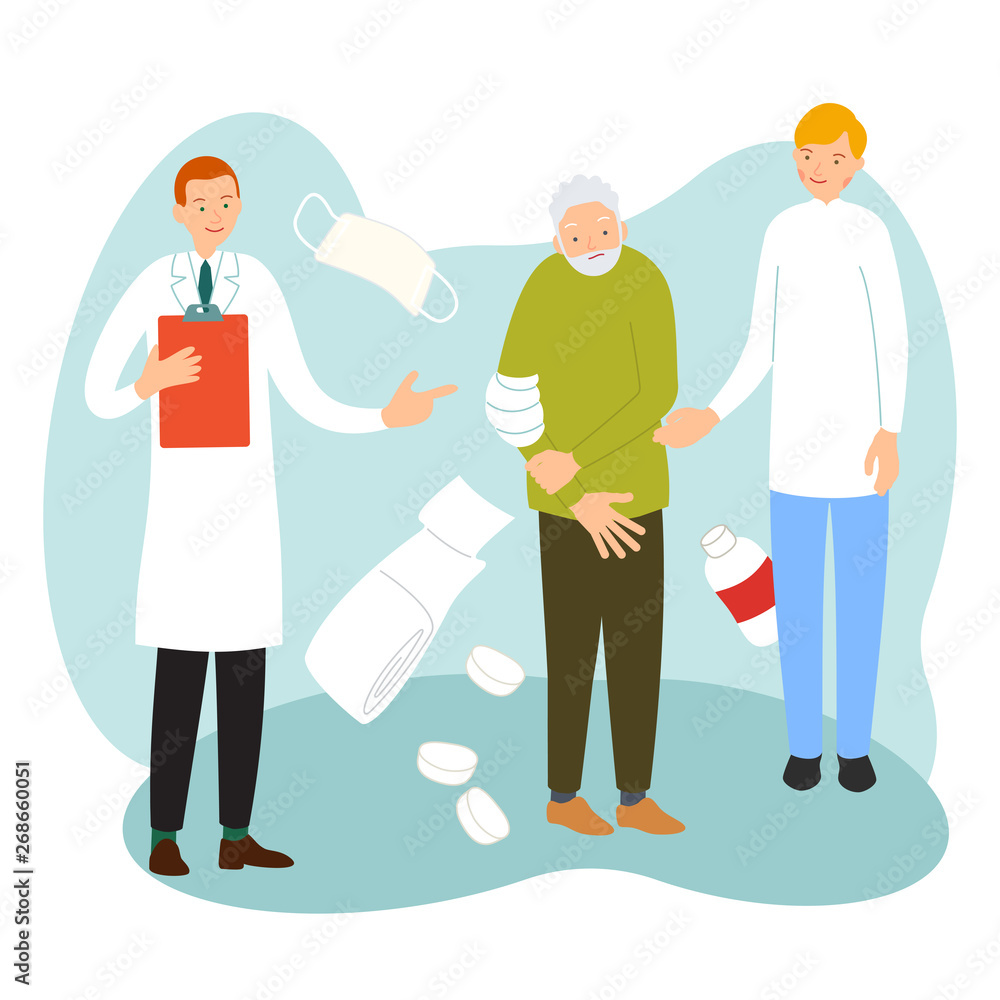 Health care concept. Medical checkup. An elderly man with sick arm surrounded by doctor and an assistant in uniform. Illustration with background with medical accessories in flat style