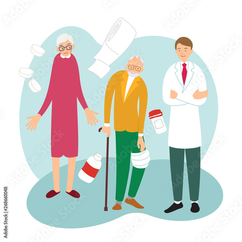 Health care concept. Medical checkup. An elderly man with sick arm at reception at practicing doctor. Family came to visit hospital. Illustration with background with medical accessories in flat style